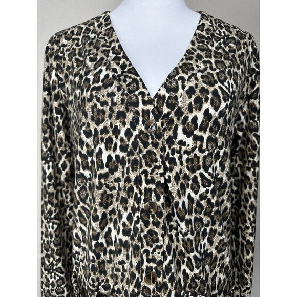 Women’s Sz L Long Cardigan Duster Sweater Animal Print Long Sleeve Pockets - Picture 3 of 15